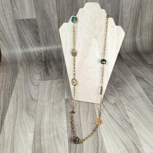 Chico’s Station Necklace Gold Tone Unique Mixed Media Rhinestone 40 Inch Signed